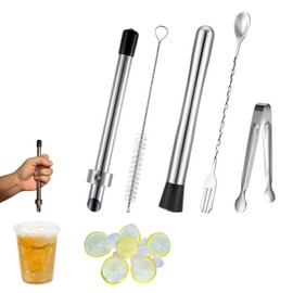 JXSFKEN 5 Pack Straw Puncher for Plastic Lids Lemonade,Stainless Steel Muddler,Long Handle Stirrer,Ice Tongs,Straw Brush Suitable for Pub Cafe Drinks`Lemonade Stand Supplies