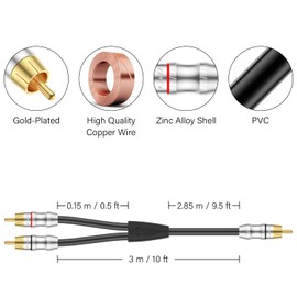 J&D RCA Cable, 1 RCA Male to 2 RCA Male Y-Splitter Digital Stereo Audio Cable Subwoofer Cord for Subwoofer, Home Theater, 10 Feet