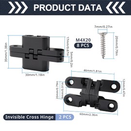 VooGenzek 2 Pieces 60 mm Hidden Cross Hinge, 180 Degree Zinc Alloy Hidden Hinge, Invisible Folding Door Cross Hinges, with 8 Pieces Screws, for Furniture Hardware Folding Door, Black