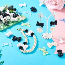 PH PandaHall 60pcs Black White Acrylic Beads with Bow for Jewelry Making