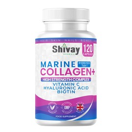 Marine Collagen Complex with Vitamin C, Hyaluronic Acid, Biotin | 1000mg Hydrolysed Type I Collagen Supplement for Hair Skin Nails | 120 Capsules - 2 Month Supply | Made in UK by Shivay Herbals