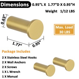 SAYAYO Gold Coat Hooks Wall Mounted, Towel Hooks for Bathrooms Modern Robe Hooks, Heavy Duty Wall Hooks for Hanging, SUS 304 Stainless Steel 2 Packs