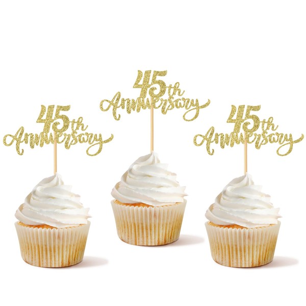 28 piezas de adornos para cupcakes de 45 aniversario con purpurina para cuarenta y cinco aniversarios para felices, 45 aniversario, jubilación, celebración, decoración de pasteles, color dorado