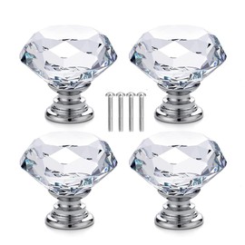 BAOMUMAYE 4 Pcs Crystal Knobs with 4 Screws, Drawer Cabinet Door Pull, Diamond Shaped Cupboards Door Knobs for Cabinet Cupboards Drawer Dressing Table (White)