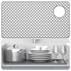 Toovem Silicone Sink Mat, 28''x15'' Sink Protectors for Kitchen Sink with Heat Resistant for Bottom of Farmhouse Stainless Steel Porcelain Sink Pad, with Right and Left Drain, Grey