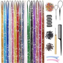16 Colors Hair Tinsel Kit with Tools 3200 Strands Glitter Tinsel Hair Extensions Heat Resistant Sparkling Shiny Fairy Hair Accessories for Women Girl Kids 47Inch