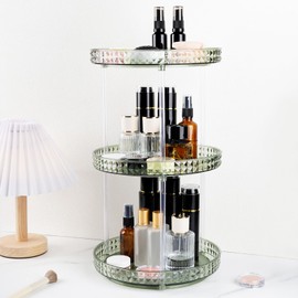 Runivor 360 Clear Rotating Makeup Organize for Vanity,3 Tiers Lazy Susan with diamond pattern, Large-Capacity Skincare Organizers Cosmetic Display Case Organizer for Dresser (Vintage Green, 3Tiers)