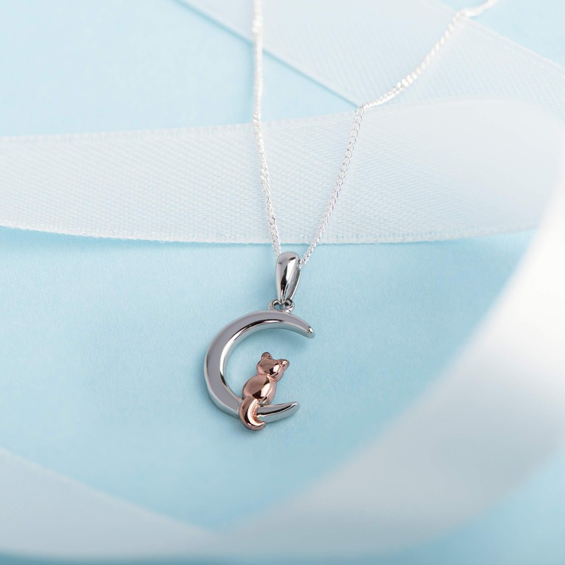 Aeon Jewellery Cat & Moon Necklace - 925 Sterling Silver