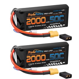 Powerhobby 2s 7.4v 2000mah 50c Lipo Battery w XT60 Plug + Adapter (2) Compatible with: Traxxas 1/16 E-Revo Slash Rally Summit