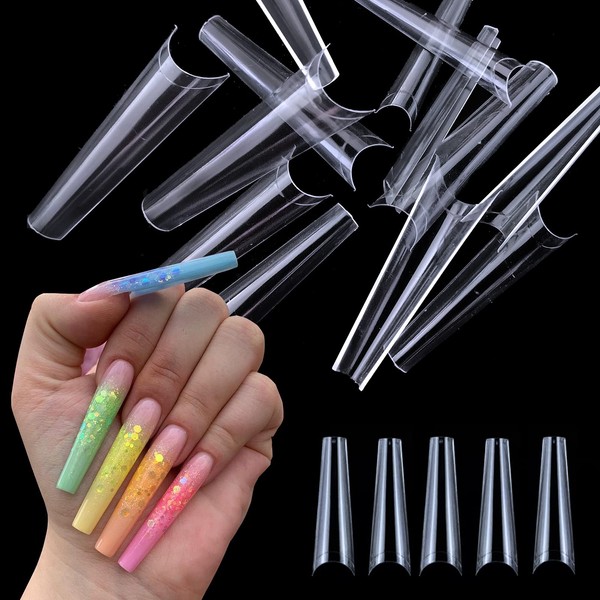 AddFavor 600pcs Clear Nail Tips Coffin Shape Extra Long XL Ballerina Acrylic Fake Nails French Half Cover False Nail Tip 12 Sizes for Nail Salons and Home DIY