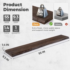 55" Rustic Elm Wood Floating Shelves for Wall, Live Edge 9.3 Inch Deep Wall Shelves for Storage, Wall-Mounted Display Shelves with Invisible Bracket for Living Room Bedroom Kitchen, Set of 1, Walnut