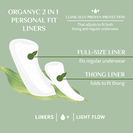 Organyc 100% Certified Organic Cotton 2 in 1 Panty Liners for Women Fits Thong or Regular Underwear, Light Flow, 20 Count