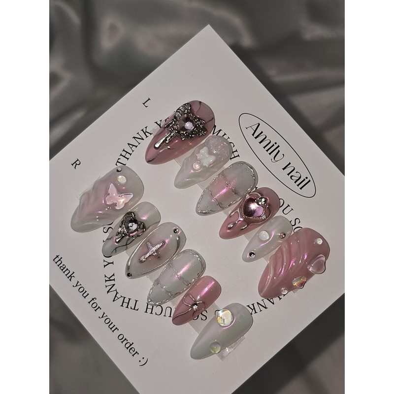 Metallic Pink [Handmade Nail Tips] Emily Nail - Short Almond