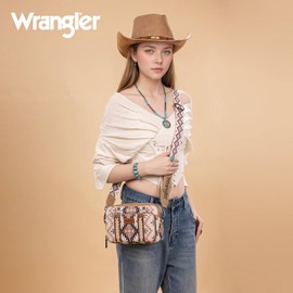 Wrangler Crossbody Bag for Women Boho Aztec Small Western Crossover Bag with Wide Guitar Strap Gift Khaki WG2207-3007KH