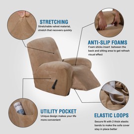 Stretch Recliner Slipcovers 1-Piece Modern Rich Velvet Plush Sofa Furniture Cover Form Fit Stretch Stylish Recliner Cover/Protector Feature Rich and Soft Fabric (Recliner, Camel)