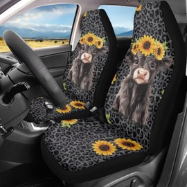 Quelytytrip Black Leopard Cattle Sunflower Print Car Seat Cover for Women,Universal Front Seats Covers Fit for Most Cars,SUVs,Sedans,Trucks or Van