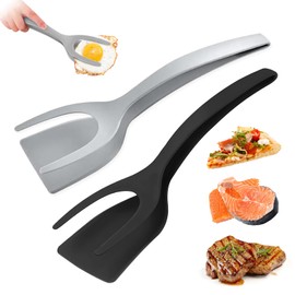 Egg Flipper Spatula 2 in 1 Grip and Flip Spatula Tongs Egg Spatula Flipper Made of High temperature resistant Nylon with Non-Stick Coating Egg Flipper for Home Kitchen Cooking Tool (black and gray)