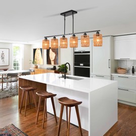 Rattan Pendant Lights for Kitchen Island,6-Light Boho Coastal Chandelier,Bohemian Rustic Pendant Light Fixture for Dining Room,Height Adjustable,Matte Black Farmhouse Woven Hanging Lights Over Table