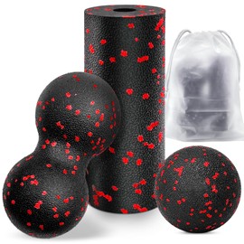 Kisvic Fascia Ball and Small Fascia Roller, Massage Ball Set, Relieve Stress and Relax Tight Muscles, Duoball for Spine, Foot, Neck and Back (Red)