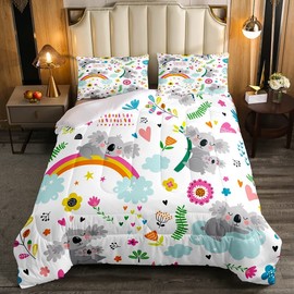 Kids Koala Bedding Set Cute Safari Animals Comforter for Boys Girls Flowers Butterfly Comforter Sets Cartoon Rainbow Down Comforter Bedroom Decor with 1 Comforter and 1 Pillow Case Twin Size