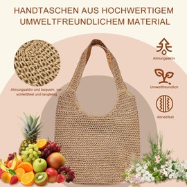 LATRAT Straw Bag for Women, Beach Woven Tote Bag, Handwoven Shoulder Bag, Retro Shopping Bag, Large, Bohemian Shoulder Bag for Women, Holiday, Travel, Daily Use, brown