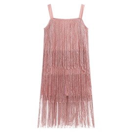 Kids Sequin Fringe Dress Sparkling Tassel Sleeveless Girls Latin Dance Dress 1920s Gatsby Roaring 20s Flapper Dresses for Girls Ballroom Dance Costume Salsa Dancewear Outfit Pink 6-7 Years
