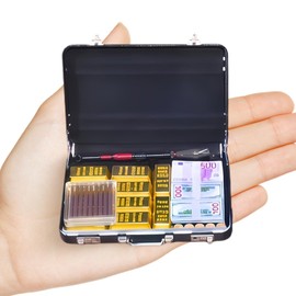 EKKZ 1:6 Scale Miniature Black Briefcase Set with Fake Gold Bars, Mini Dollar Bill Bundles, Vintage Coins & Toy Weapons | Collectible Dollhouse Accessory, Photography Prop & Novelty Gift for Adults