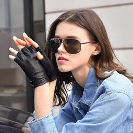 GSG Women's Driving Gloves Fingerless Leather Motorcycle Gloves Unlined Half Finger Black Large