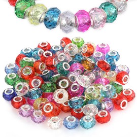 100Pcs Large Hole Acrylic Beads, Mix Color Murano Glass Beads with Silver Brass Core Assorted Faceted European Lampwork Spacer Loose Beads for Pen Bracelet Charms Jewelry Earring Making