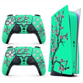 Skin Sticker for Game Console 5 Cover - Teal Cherry, Compatible with Both Disc Edition & Digital Edition (not Slim Ver) - 2 Controller Skins & Console Skin - No Bubble, Full Protection, Removable