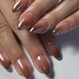 Gradient Brown Press on Nails Short Almond Fake Nails Natural French Round Acrylic Nails Press on Gradient French Glossy Full Cover False Glue on Nails for Women Manicure Decoration 24 Pcs