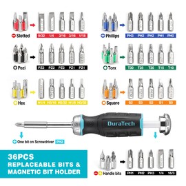 DURATECH Ratchet Screwdriver with bit Magazine, 36 Piece bits, 1/4 inch (6 mm) Hexagon, with Extension Rod, Non-Slip Handle, Carry Bag