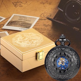 ManChDa Pocket Watch in Luxury Glossy Wooden Gift Box - Double Cover Pocket Watch Chain Skeleton Mechanical Antique Hand-Wind Steampunk Black Blue Roman Numerals Fob Watch for Men | Gold Box