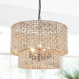 2 Tier Rattan Farmhouse Chandelier 5-Light Large Boho Wicker Pendant Light Fixtures Hanging Coastal Drum Lighting Hand Woven Chandeliers for Living Room Dining Room Kitchen Island Foyer Entryway