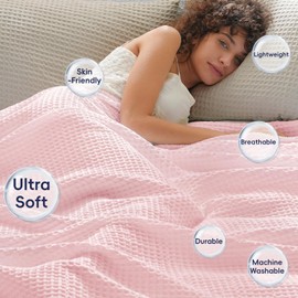 PHF Ultra Soft Waffle Weave Throw Blanket 50"x 60"- Washed Lightweight Breathable Cozy Woven Blanket for Bed - Aesthetic Decor for Couch Bedding Sofa Home Car - Light Pink