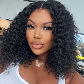 13x4 Bob Wig Human Hair 12A Short Deep Wave Lace Front Wigs Human Hair 180% Density Deep Curly HD Lace Frontal Human Hair Wig for Women Glueless Wig Pre Plucked Natural Hairline 14 Inch