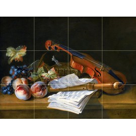 Still Life with A Violin Recorder Books Music Peaches Grapes by Jean-Baptiste Oudry Tile Mural Kitchen Bathroom Wall Backsplash Behind Stove Range Sink Splashback 4x3 4.25" Ceramic, Glossy