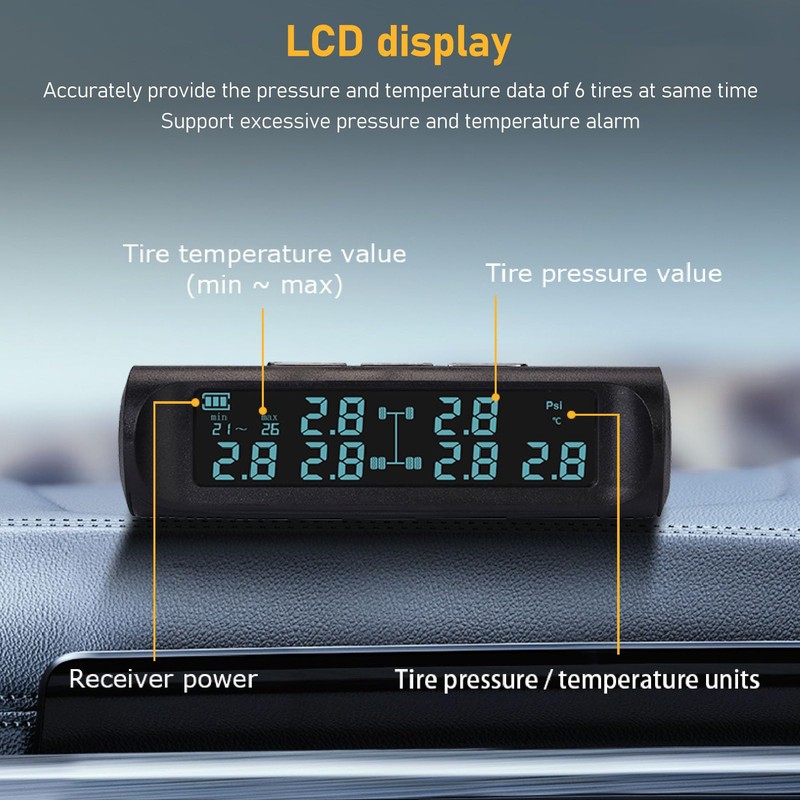 Wireless Solar TPMS Tire Pressure Monitoring System with LCD Display,