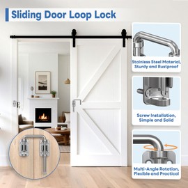 BiceNoning Sliding Door Loop Lock, 90/180 Degree Stainless Steel Patio Door Latch for Sliding Barn/Single/Double Opening Gate, Shed, Closet, Window, Fence - Home Security Loop Latch (Silver-2PCS)