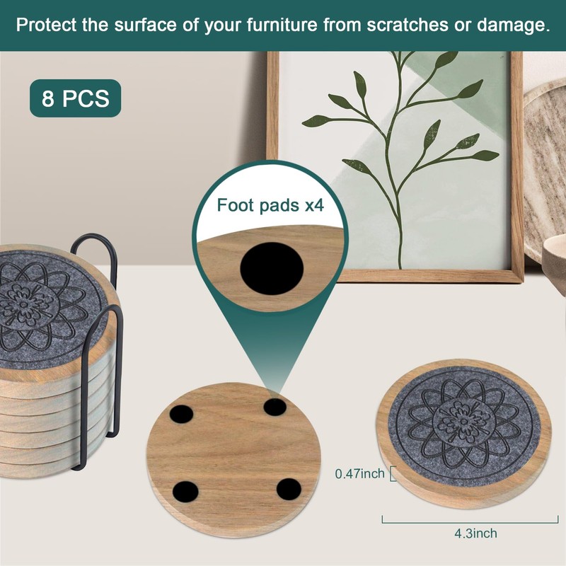 Wood Coasters for Drinks Set of 8, Minacun Absorbent Coaster,