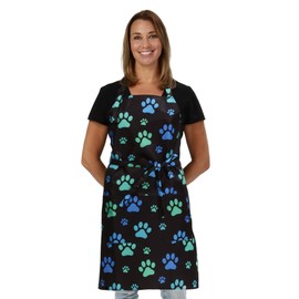 Waterproof Dog Groomer Apron - Grooming Smocks for Women, Blue Green Paw Prints Design