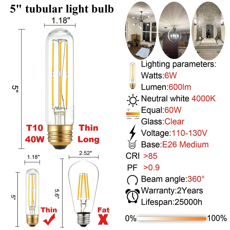 LiteHistory Tubular Light Bulb 6W Equal E26 LED Bulb 60