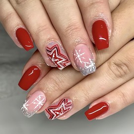 Christmas Snowflake Press on Nails Short Square, 24Pcs Glossy Red Acrylic Fake Nails Colorful Stripes Star Design False Nails Gel Glue on Nails for Women Glitter French Tip Nails for New Years Gifts