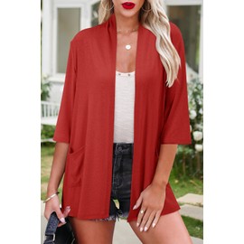 ULTRANICE Cardigan for Women Summer Sweaters 1/2 Short Sleeve Lightweight 2024 Fashion Trendy Casual Cardigans Jackets Tops Clothes Open Front Cover Ups with Pockets(Red,S)