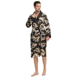 Haseil Men's Satin Robe Dragon Chinese Silk Spa Long Sleeve House Kimono Bathrobe, Black, TagsizeXL=UssizeM
