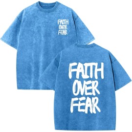 Christian Men's Vintage Oversized Acid Wash Religious T-Shirt with Jesus & God GraphicsColor: Light blue-faith over fear, Size: M