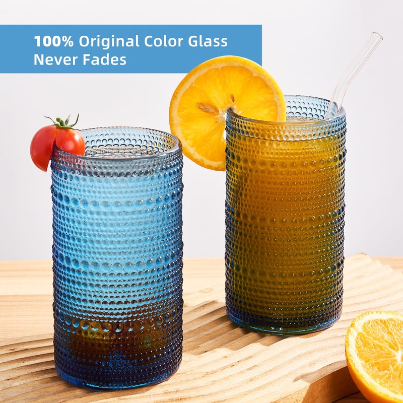 16oz Hobnail Drinking Glasses, Set of 6 Blue Tumblers