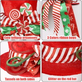 LATERN Christmas Tree Topper, 30CM Large Red Xmas Tree Top Hat with Striped Bow Ribbon and Lollipop for Home Christmas Holiday Winter Decor Desktop Ornaments