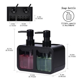 GINZER Dish Soap Dispenser for Kitchen Countertop with Sponge Caddy and Brush Holder - Refillable Non-Slip Dual Pump 4-in-1 Dispenser Soap Dispenser for Kitchen Sink, Essential Kitchen Gadgets – Black