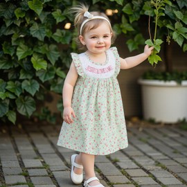 KMBANGI Toddler Baby Girl Christian Outfit Jesus Loves Me Dress Ruffle Sleeveless Smocked Dresses Baptism Outfit Princess (Green, 3-4 Years)